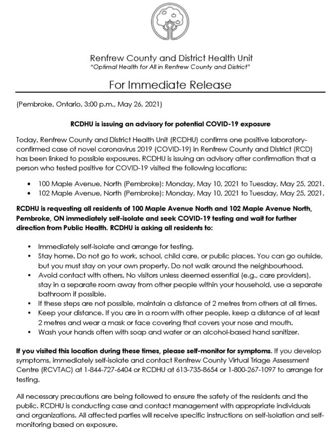 RCDHealthUnit's tweet photo. NOTICE: RCDHU is issuing an advisory for potential COVID-19 exposure.  

Full details at: https://t.co/irB8HT4OiK. https://t.co/MG4lporPC4