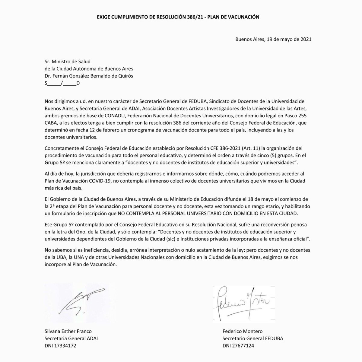 ‼️URGENTE‼️CABA <a href="/horaciorlarreta/">Larreta</a> deja al personal docente y no docente de la UBA y otras universidades por fuera del calendario de vacunación. Así lo denunció <a href="/feduba/">Feduba</a> y ADAI. 

Gracias <a href="/AlanLongy/">Alan Longy</a> .