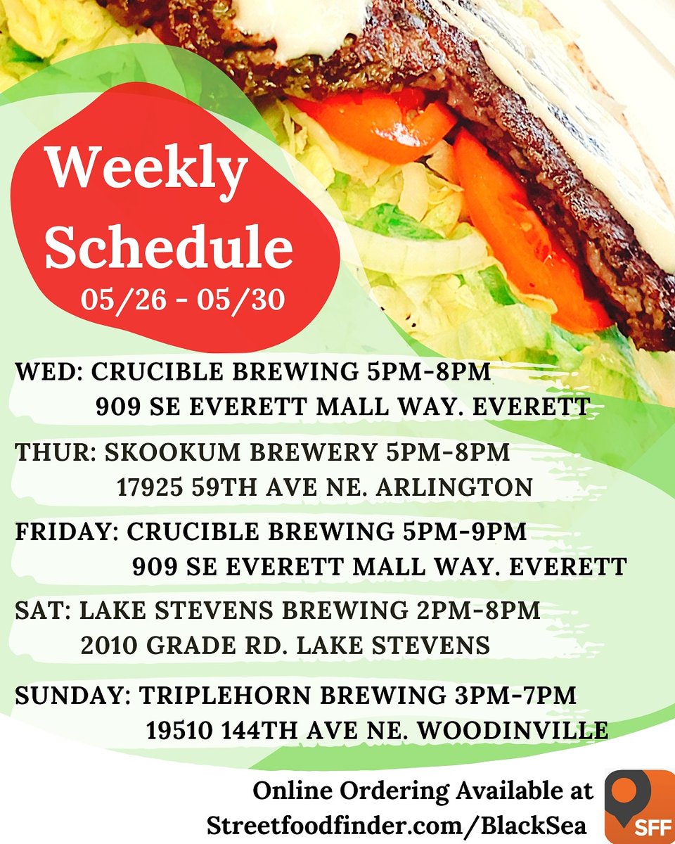 Black Sea Food Truck (@blackseatruck) on Twitter photo Weekly Schedule.
Online ordering is always available on streetfoodfinder.com/BlackSea
#foodie #streetfoodfinder #seattlefoodtruck #seattlefoodie #everett #lakestevens #woodinville #arlingtonwa
<a href="/CrucibleBrewCo/">Crucible Brewing</a> <a href="/TriplehornBrew/">Triplehorn Brewing</a>
<a href="/LiveInEverett/">Live In Everett</a> <a href="/SkookumBrewery/">Skookum Brewery</a> <a href="/LakeStevensWA/">City of Lake Stevens</a> Weekly Schedule.
Online ordering is always available on streetfoodfinder.com/BlackSea
#foodie #streetfoodfinder #seattlefoodtruck #seattlefoodie #everett #lakestevens #woodinville #arlingtonwa
<a href="/CrucibleBrewCo/">Crucible Brewing</a> <a href="/TriplehornBrew/">Triplehorn Brewing</a>
<a href="/LiveInEverett/">Live In Everett</a> <a href="/SkookumBrewery/">Skookum Brewery</a> <a href="/LakeStevensWA/">City of Lake Stevens</a>