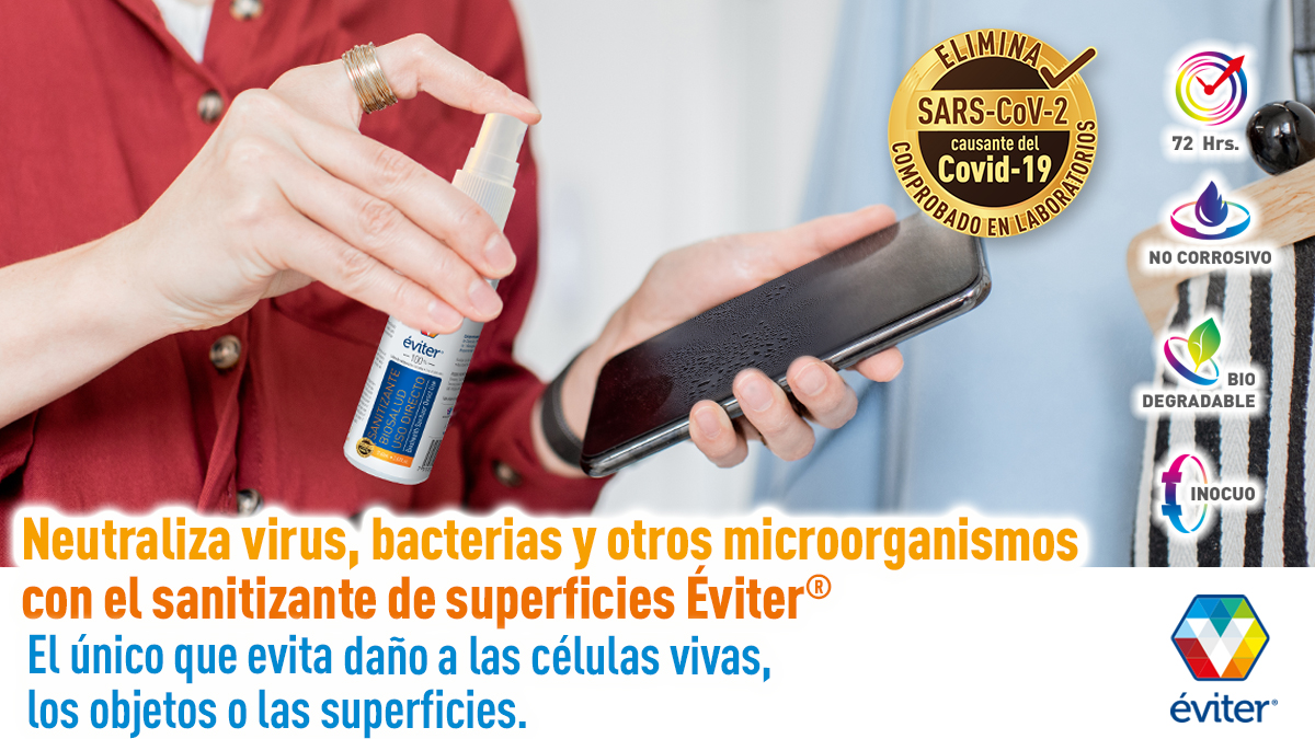 EviterMX's tweet image. Neutralíza Virus, bacterias y otros microorganismos  con el  sanitizante de superficies Éviter® el único que evita dañar las células vivas los objetos o las superficies.
#eviter #SANITIZANTE #BIOSALUD #SANITIZAR #SANITIZADO #microorganismos #Patogenos #proteccion  #covid19