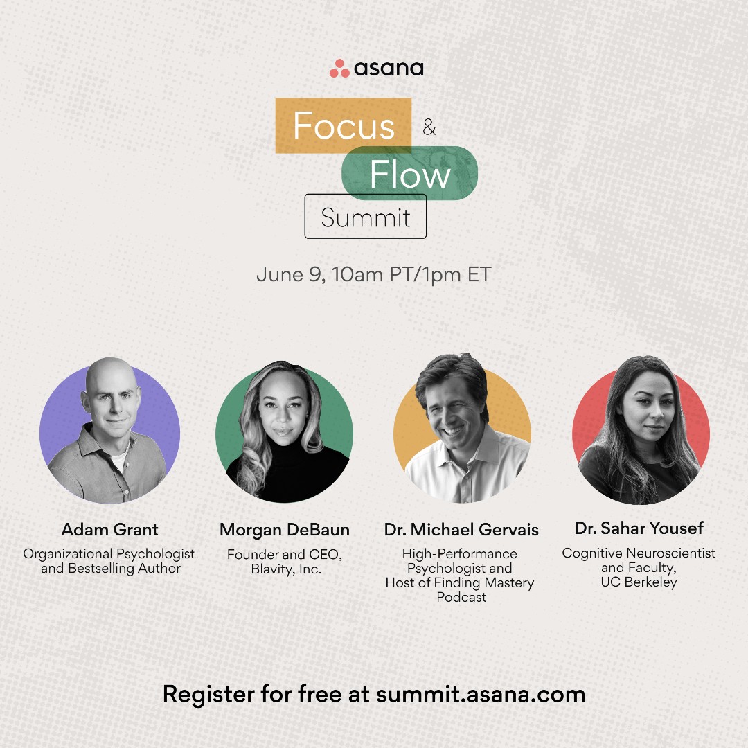 asana's tweet photo. 👀 Have you seen the #focusandflow Summit speaker lineup? On June 9, these experts will be dropping💎💎💎 to help you thrive in a distracted world. Sign up at https://t.co/2i9xLFeRqk &amp; you’ll hear from:👇 https://t.co/ghU6rx4vsS