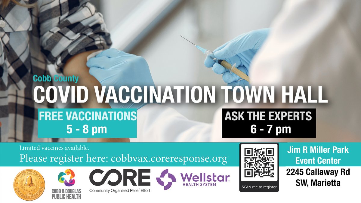 cobbcountygovt's tweet photo. FREE COVID VACCINATIONS 5 - 8 PM

Swing by the Jim R Miller Park Event Center tonight for a Pfizer or J&amp;J vaccine.

Experts will be on hand from 6 - 7 pm to answer your questions or concerns.

Get vaxx'd; help Cobb ditch the mask! https://t.co/2aSxVsS4Aa
