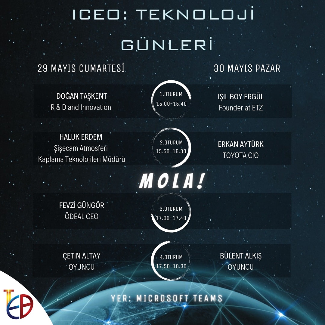 Ebitet's tweet photo. ICEO:Teknoloji Günleri etkinliğimizin program akışı🌟
▪️Kayıt linki : https://t.co/GMPwnHJxKN https://t.co/LNtIAryNSV