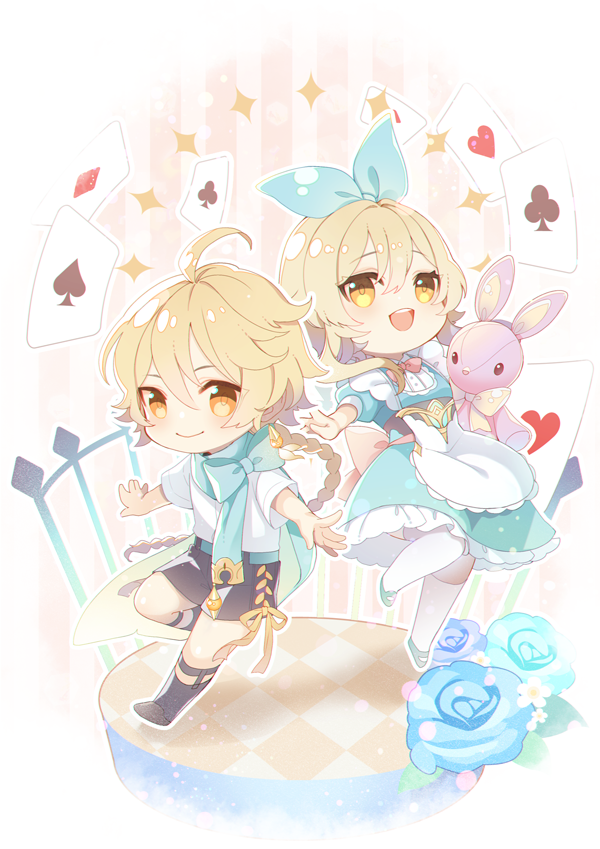 aether (genshin impact) 1girl 1boy blonde hair braid yellow eyes siblings dress  illustration images