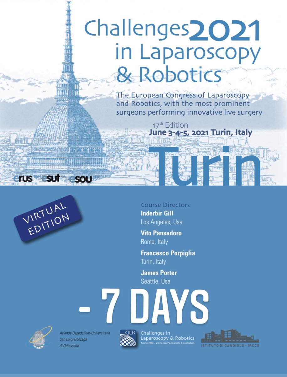 Challenges in Laparoscopy & Robotics ( CILR ) (@cilr2025) on Twitter photo #CILR21 -7 Days
22 live challenging surgeries from <a href="/fpoirccs/">Istituto di Candiolo - FPO IRCCS</a> , <a href="/FPuigvert/">Fundació Puigvert Barcelona</a> ,<a href="/AalstOlv/">OLV Aalst Urology</a> , <a href="/hospitalclinic/">Hospital ClĆnic</a> ,<a href="/MountsinaiUro/">Mount Sinai Department of Urology</a> , <a href="/AdventHealth/">AdventHealth</a>, @KeckMedUSC
Registration: bit.ly/33hOZBk
challengesinlaparoscopy.it #CILR21 -7 Days
22 live challenging surgeries from <a href="/fpoirccs/">Istituto di Candiolo - FPO IRCCS</a> , <a href="/FPuigvert/">Fundació Puigvert Barcelona</a> ,<a href="/AalstOlv/">OLV Aalst Urology</a> , <a href="/hospitalclinic/">Hospital ClĆnic</a> ,<a href="/MountsinaiUro/">Mount Sinai Department of Urology</a> , <a href="/AdventHealth/">AdventHealth</a>, @KeckMedUSC
Registration: bit.ly/33hOZBk
challengesinlaparoscopy.it