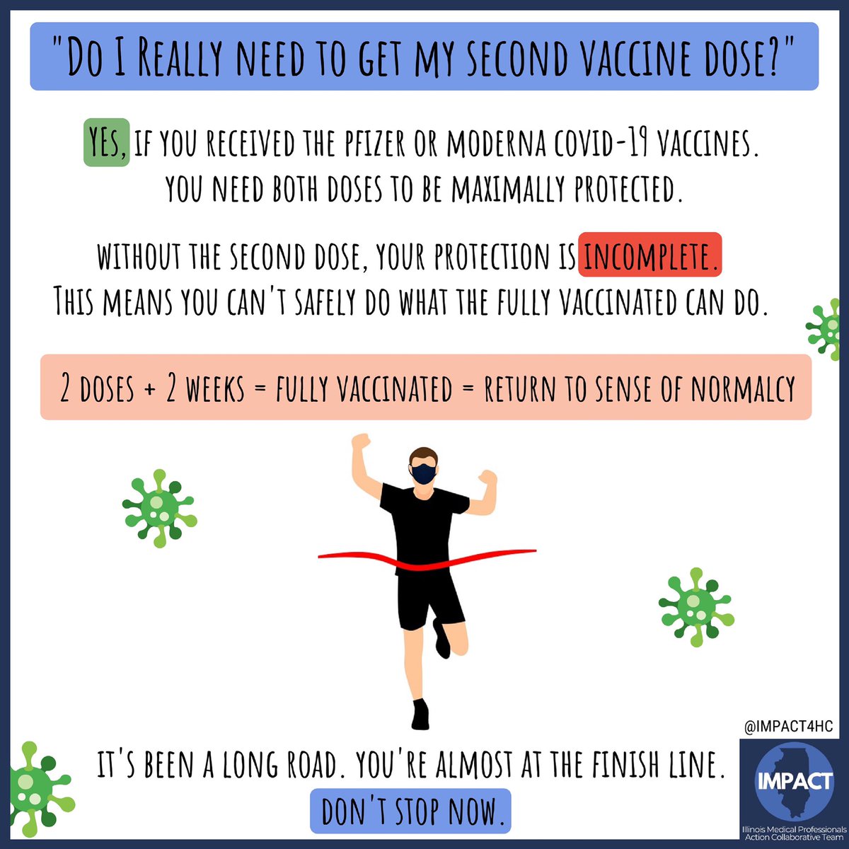 If I got the #Pfizer or #Moderna #COVID19 vaccine, do I need the 2nd dose?

- YES! No 2nd dose = incomplete protection. To be fully vaccinated, you need both doses + two weeks after 2nd dose. Get completely vaccinated to return to a sense of normalcy.

#VaxUpIL #ThisIsOurShot