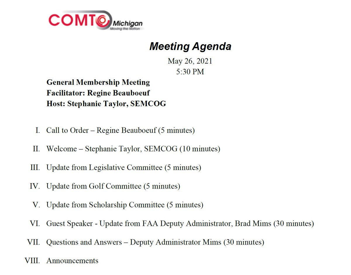 COMTOMichigan's tweet photo. Members & Friends,
Our special guest speaker for @COMTOMichigan May membership meeting will be Federal Aviation Administration (#FAA) Dep. Administrator, A.#BradleyMims.
Hosted by: #StephanieTaylor, @SEMCOG.
Join Zoom Meeting: https://t.co/ZCdnoOMURK
@COMTO_National #MiCOMTO https://t.co/lwtpeICMTk