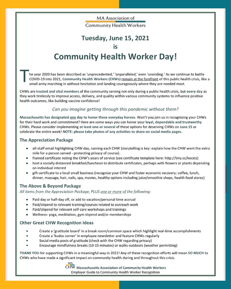 Did you know June 15th is MA Community health worker day? Check out the employer guide below to get ideas on what your org can do to support CHWs on your team! Please DM if you have any questions. Let show some much needed TLC to CHWs everyday! But especially 6/15 #chwday #ma
