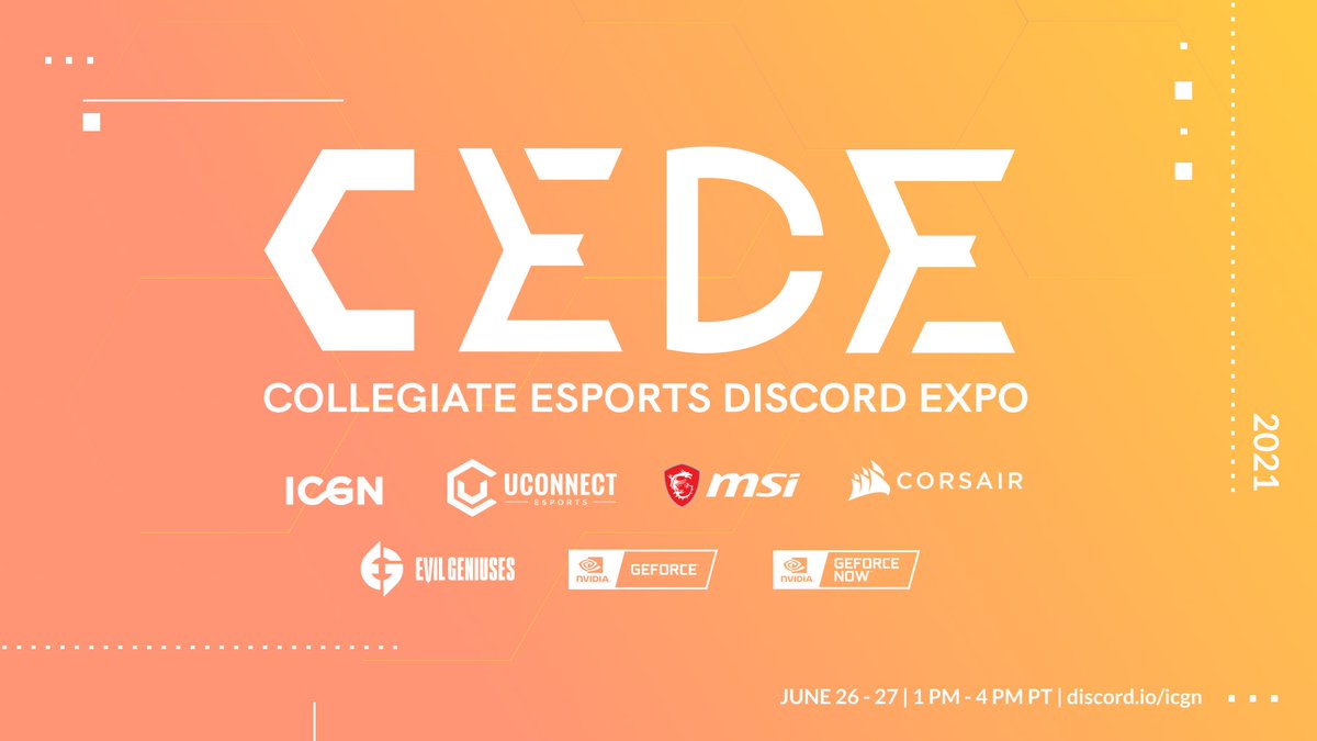 UniGameNetwork's tweet image. We're excited to announce Collegiate Esports Discord Expo, in partnership with @NVIDIAGeForce, @msiUSA, @EvilGeniuses, @CORSAIR, &amp;amp; @UconnectEsports!

Join us for 2 days of panels, networking mixers, &amp;amp; more!

📅 JUNE 26 - 27
🕒 1PM-4PM PT / 4PM-7PM ET
🔗discord.io/ICGN