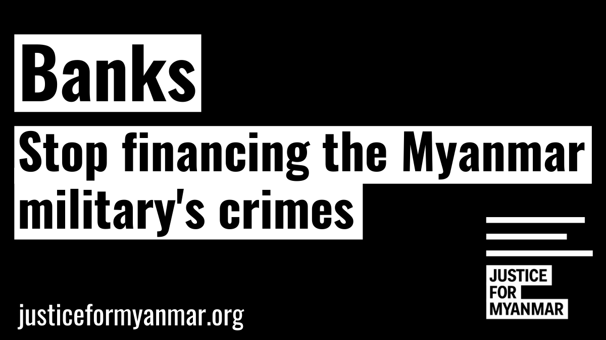 JusticeMyanmar's tweet photo. See our joint PR w/ @BankTrack &amp; read together w/ brief. It's clear what the banks must do under the OECD Guidelines &amp; UNGPs. Immediately divest from those companies that have direct or long-standing ties with the military &amp; stop other payments!✊🏽https://t.co/mHbG701YL7 https://t.co/Gu3rHRJLdb