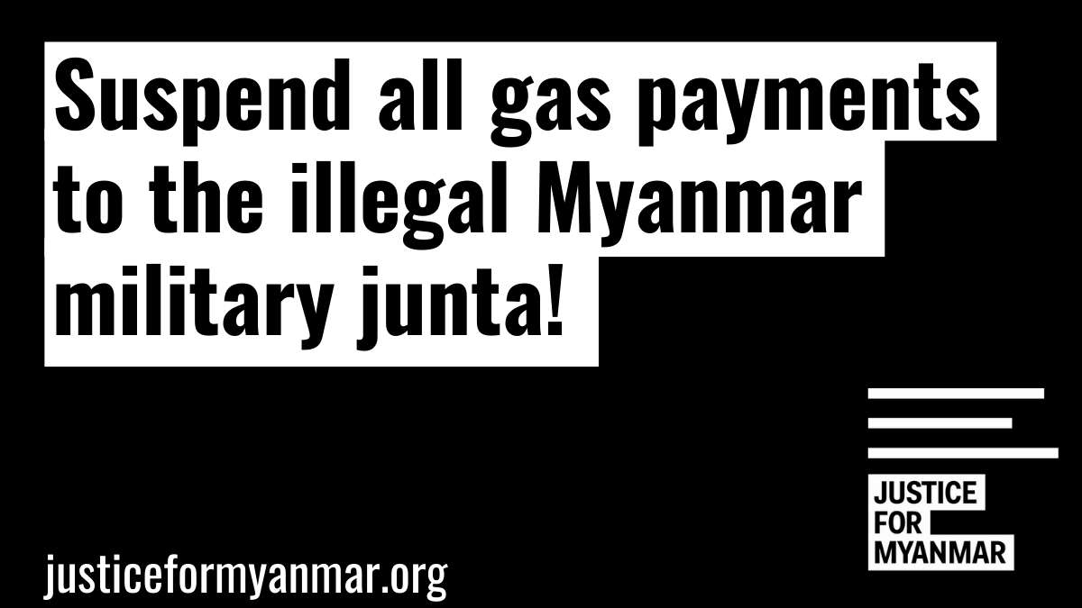 JusticeMyanmar's tweet photo. .@Total &amp; @Chevron have made the right choice by acknowledging that MOGE is under control of #Myanmar military &amp; finances junta’s crimes. Other int. oil biz incl. #POSCO must accept that same logic applies to all gas revenue payments &amp; act NOW to end payments the junta!✊🏽🪧 https://t.co/OyiJwo55GS