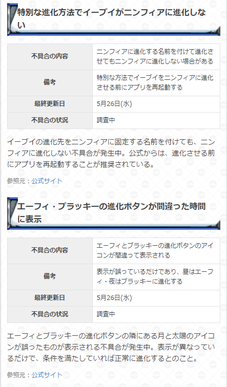 ポケモンgo攻略 Gamewith בטוויטר 公式の不具合情報が更新されました 発生中の不具合 特別な進化方法でニンフィアに進化できない エーフィ ブラッキーの進化ボタンが間違った時間に表示 解決済み ガラルポニータの色違いが出現しなかった ガラルポニータは