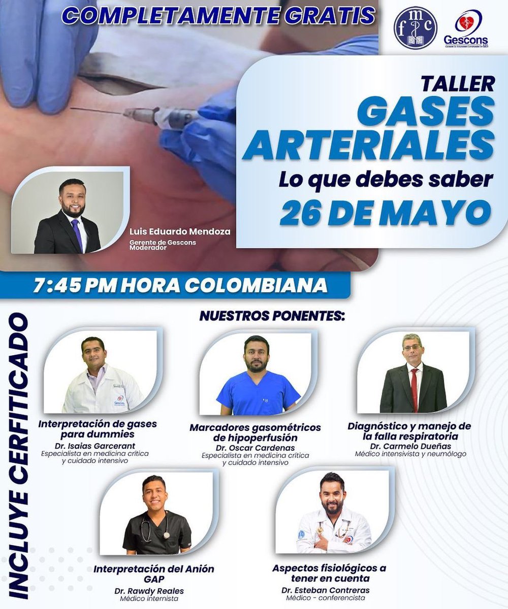 doccardenasc's tweet photo. Taller gratuito 🤩

GASES ARTERIALES 👉🏽 lo que debe saber 🧔🏻

Link de ingreso: https://t.co/sM4W8nVKpb

#GesconsGA
@GesconsEduca 
@RawdyReales 
@doccardenasc https://t.co/E0hWEzAkOh