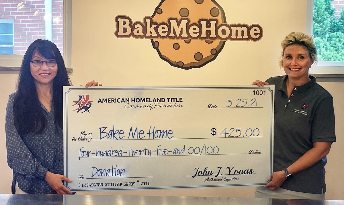 BakeMeHome's tweet photo. #BakeMeHome was thrilled to receive a check this week from American Homeland Title Agency.

It's an honor when local businesses choose to support our mission. It's even better when our Development Manager Christine Cheung gets to meet and engage with those supporters. https://t.co/6DXRpIYndy