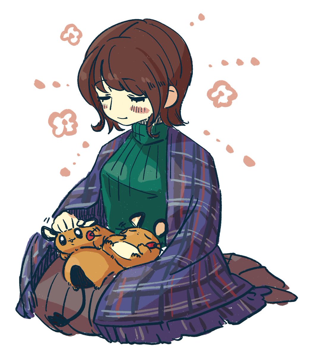 1girl brown hair pokemon (creature) smile short hair closed eyes sweater  illustration images