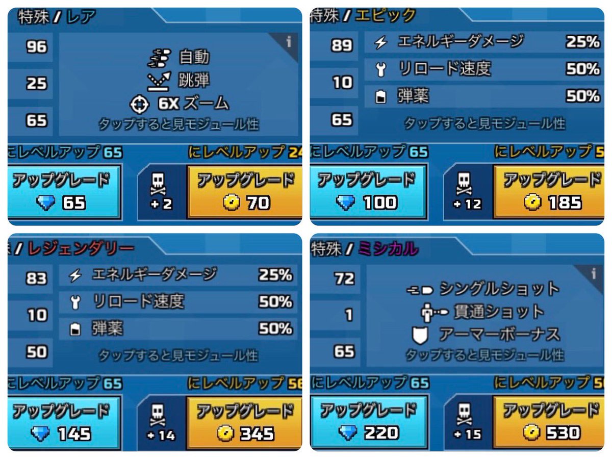 ピクセルガン3D レア度別強化費用一覧 🏅コイン→レベル1個だけ上がる 💎ジェム→プレイヤーレベルまで全部あげる