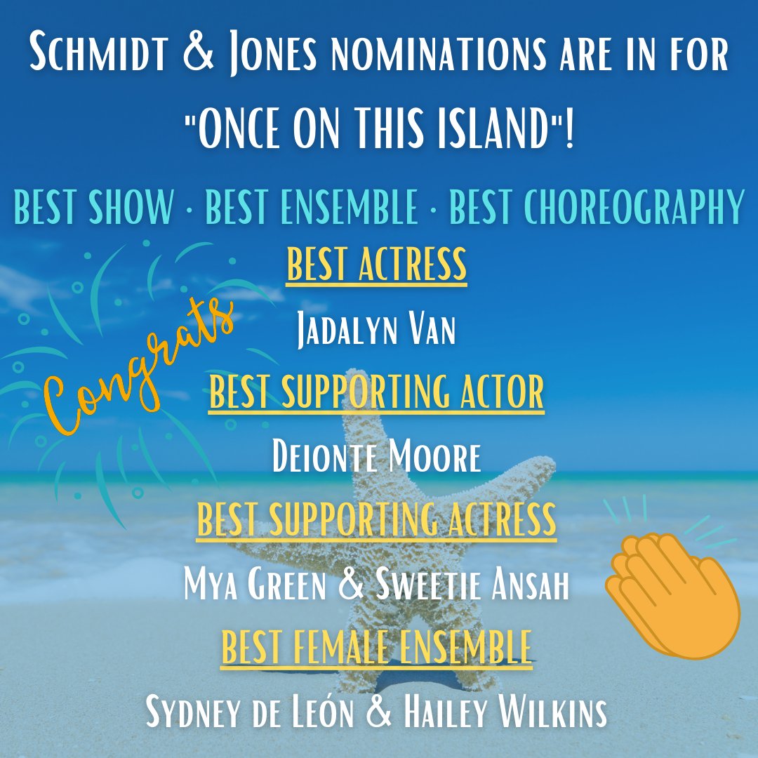 CHStheatre_'s tweet photo. Congrats to the cast & crew of the @CHStheatre_ production of ONCE ON THIS ISLAND for their 9 Schmidt & Jones Musical Theatre Awards nominations, and a huge congrats to all the other competitors! See you at the awards show in June! #schmidtandjones #musicaltheatre #ooti https://t.co/99bZP09dcy
