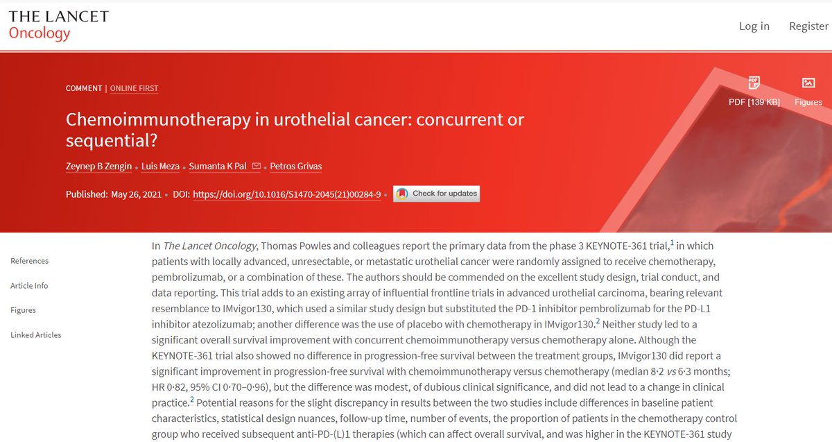 Just in @TheLancetOncol! 
Role of chemoimmunotherapy in urothelial carcinoma. Should we use concurrent or sequential therapy? Pleasure to work with @montypal, @PGrivasMDPhD, and @LuisMezaco on this commentary!

🔗thelancet.com/journals/lanon…