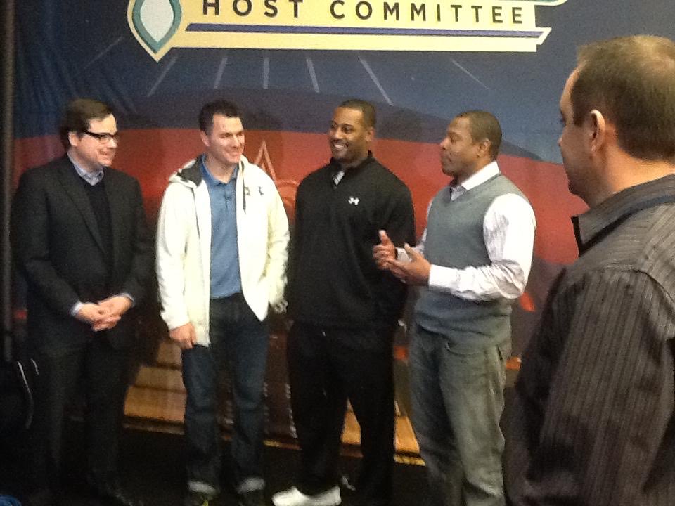 Mr_Nate_Long's tweet photo. The only picture I have of Adam Vinatieri in my phone (Taken Feb of 2012 at the SB in Indy). Three Patriots greats. ⁦@OfficialTyLaw⁩ and ⁦@RealTroyBrown80⁩ were retired and working with us. Adam played for another 9 seasons!  Yes, ⁦@Gary_Tanguay⁩ too. https://t.co/YpE9YLh2HW