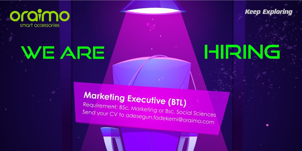 oraimomate's tweet photo. We are recruiting!! 🙂💚

Job Role: Marketing Executive (BTL)

Requirement: BSc. Marketing or Bsc. Social Sciences

Apply: Send your CV to adesegun.fadekemi@oraimo.com

#oraimonigeria https://t.co/czuw4gkiBc
