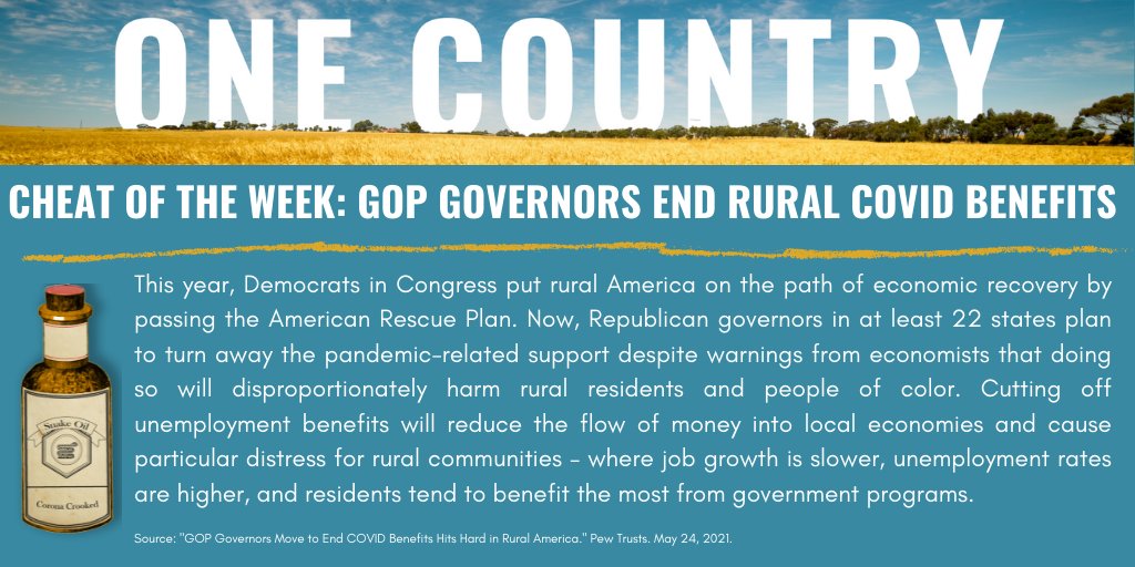 _OneCountry_'s tweet photo. This week’s #CheatoftheWeek goes to GOP governors for cutting off economic support to rural America. Republicans plan to end the relief delivered by Democrats in the #AmericanRescuePlan – which would be devastating for rural communities. https://t.co/QlR6uzXcxA