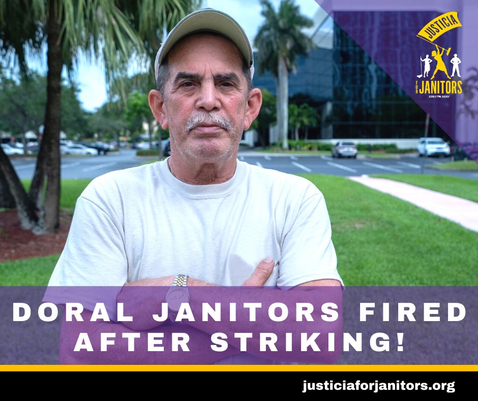 32BJFlorida's tweet photo. "I’ve cleaned offices at @DowntownDoral for 3+ years, now I’m out of a job!" Building owner Codina, switched cleaning contractors and NONE of the striking janitors have been hired. Call #Codina &amp; tell them to give them their jobs back 305-529-0681! More>https://t.co/9gd04ybHs4 https://t.co/evKkE10NcJ