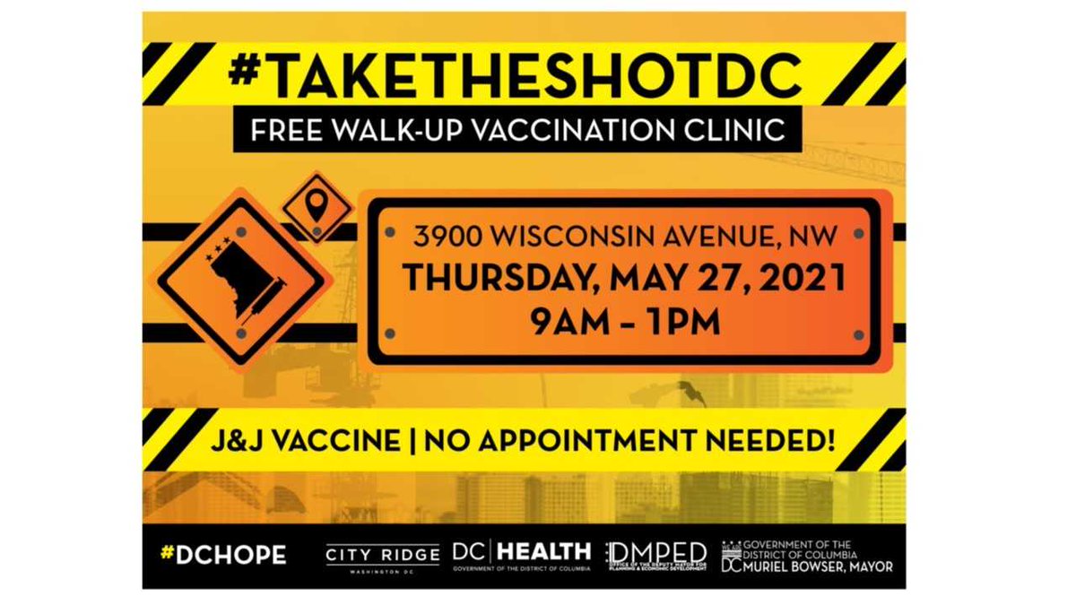 Mobile vaccine clinic in #Ward3 tomorrow!

#CityRidgeDC is hosting a walk-up vaccine clinic for their construction crew & the general public from 9:00 am to 1:00 pm.

This site will be administering the Johnson & Johnson vaccine, so please help spread the news and #TakeTheShotDC!