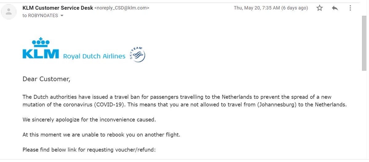 RobynoatesOates's tweet photo. @KLM / @Delta  Hours before my flight back to the US from South Arica, KLM sent an email saying that I was removed from the flight because of restrictions in the Netherlands. BUT now they have "no record" of my ticket ($1,700!!!) @KLM_US how can I get help and get a refund?? https://t.co/12ezXQfKLm