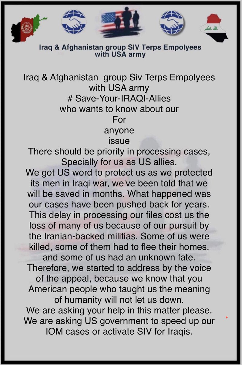 omar_oalshakora's tweet image. WORDS matter, but actions matter more. @POTUS and #American community may never forget that behind the word #IRAQ there are a number of interpreters remaining in Iraq who have worked with #USArm

Reactivating #SIV program for us is even important than raising the refugee ceiling.