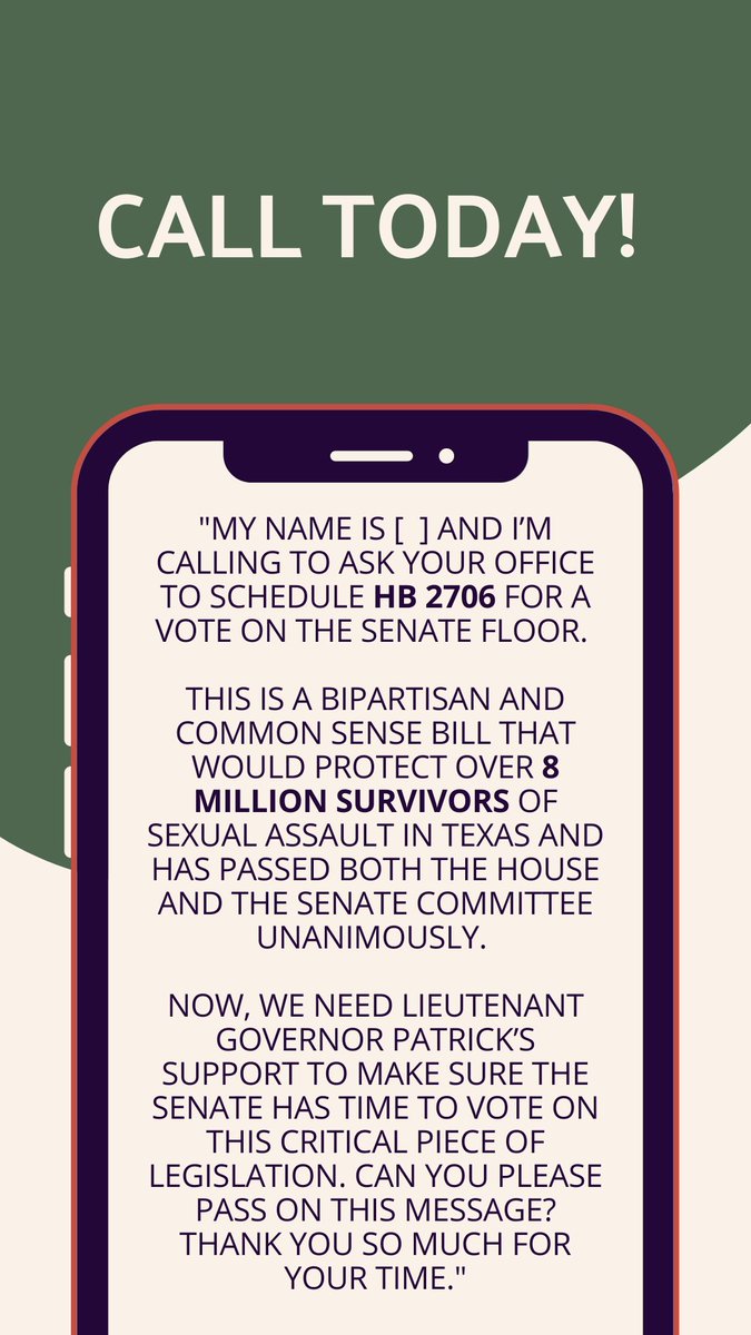 RiseNowUS's tweet photo. 🚨Survivors in Texas Need Your Help!!🚨  Have 5 minutes today? Help us get HB 2706 on the schedule before the legislative session ends!
Call Lt. Gov Dan Patrick's office- (512) 463-0001 &amp; use the script below.
Thank you! https://t.co/1hlhzGQySq