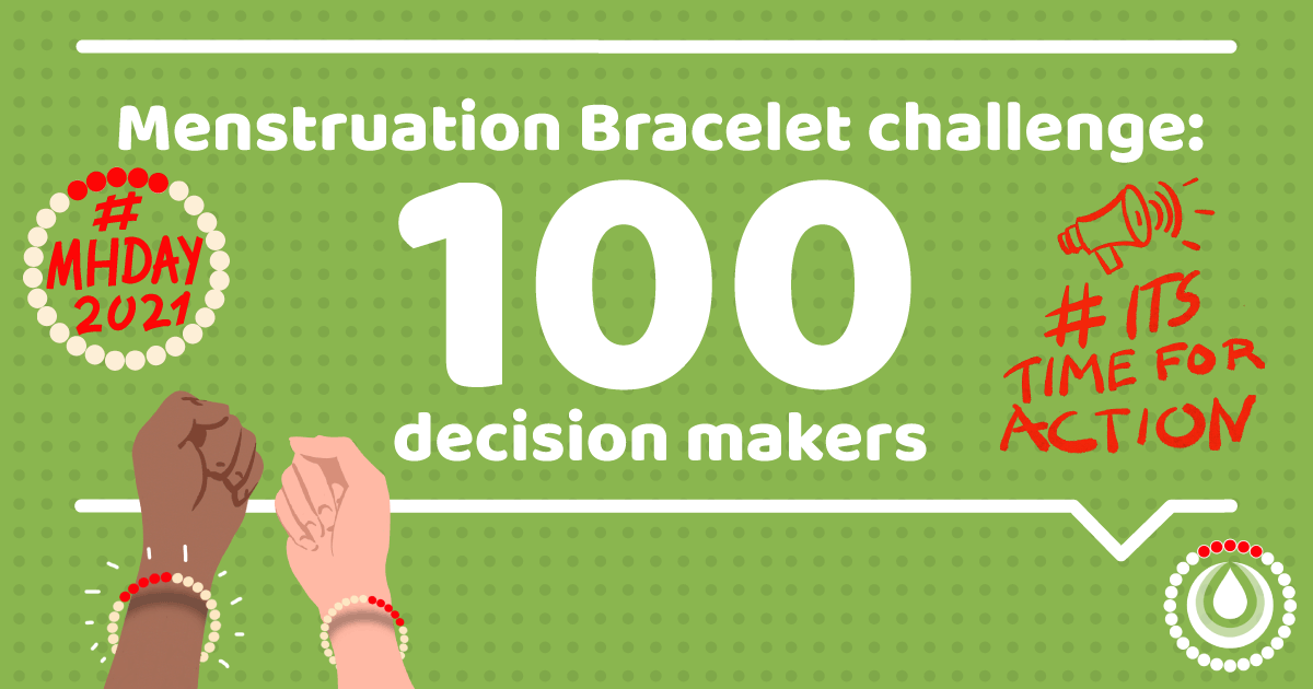 MHDay28May's tweet photo. 📢Menstruation Bracelet VIP challenge! 📢 We’re challenging everyone to jointly get 100 “VIPs” to take a bracelet picture and publicly stand up against period stigma! More info on activating VIPs and the bracelet guide here 👉 https://t.co/EumHwywedA #MHDay2021 #ItsTimeForAction https://t.co/EtyTUOJ3F1