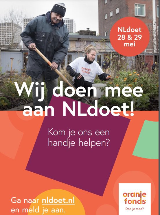 Het is bijna zover! Vrijdag 28 mei &amp; zaterdag 29 mei vindt de landelijke actie <a href="/NLDOET/">NLdoet</a> plaats!Een mooie manier om kennis te maken met #vrijwilligerswerk Doe je ook mee? Kijk op nldoet.nl/zoeken voor een klus bij jou in de buurt #winwin #ietsdoenvooreenander #gedeeldplezier