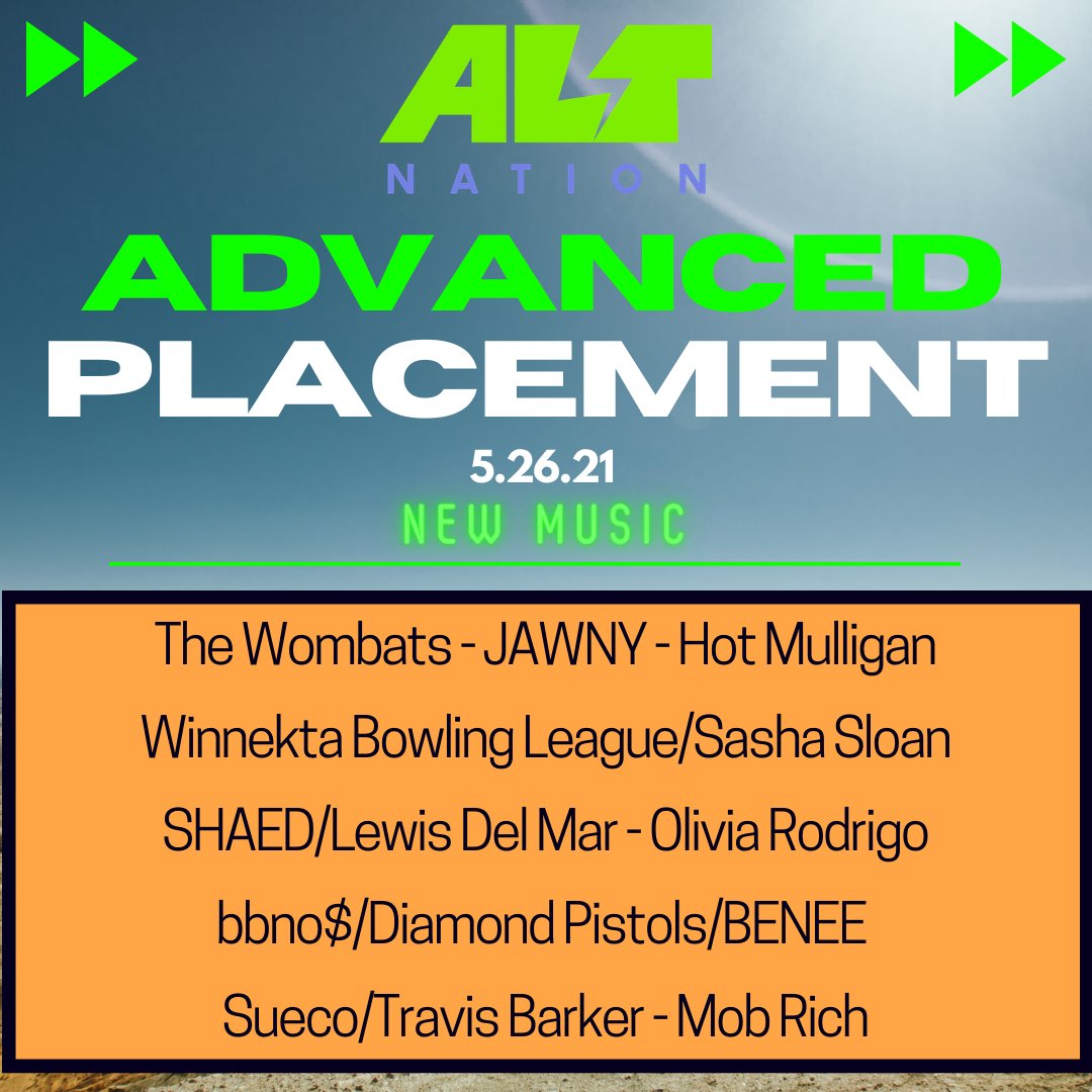 today's Advanced Placement lineup at 7pE features @thewombats @Olivia_Rodrigo @jawnyutah @WinnetkaBowling @sadgirlsloan @shaedband @LewisDelMar @HotMulligan @bbnomula @diamondpistols @BENEEMUSIC @suecothechild @travisbarker @mobrich