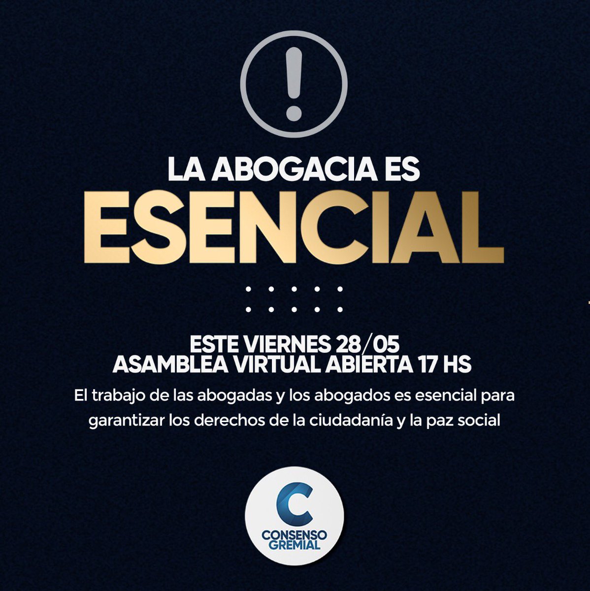bases_colabro's tweet photo. ESTE VIERNES 28/5 - 17 HS ☝️
-
La Justicia es un servicio esencial que se debe dar al ciudadano en un Estado de Derecho ⚖️
Restringir el ejercicio de la abogacía implica la negación de la misma justicia.
-
Accesos a la asamblea abierta vía Zoom 🔑
ID:87917971089
CA: CONSENSO https://t.co/epHiBEfVRO