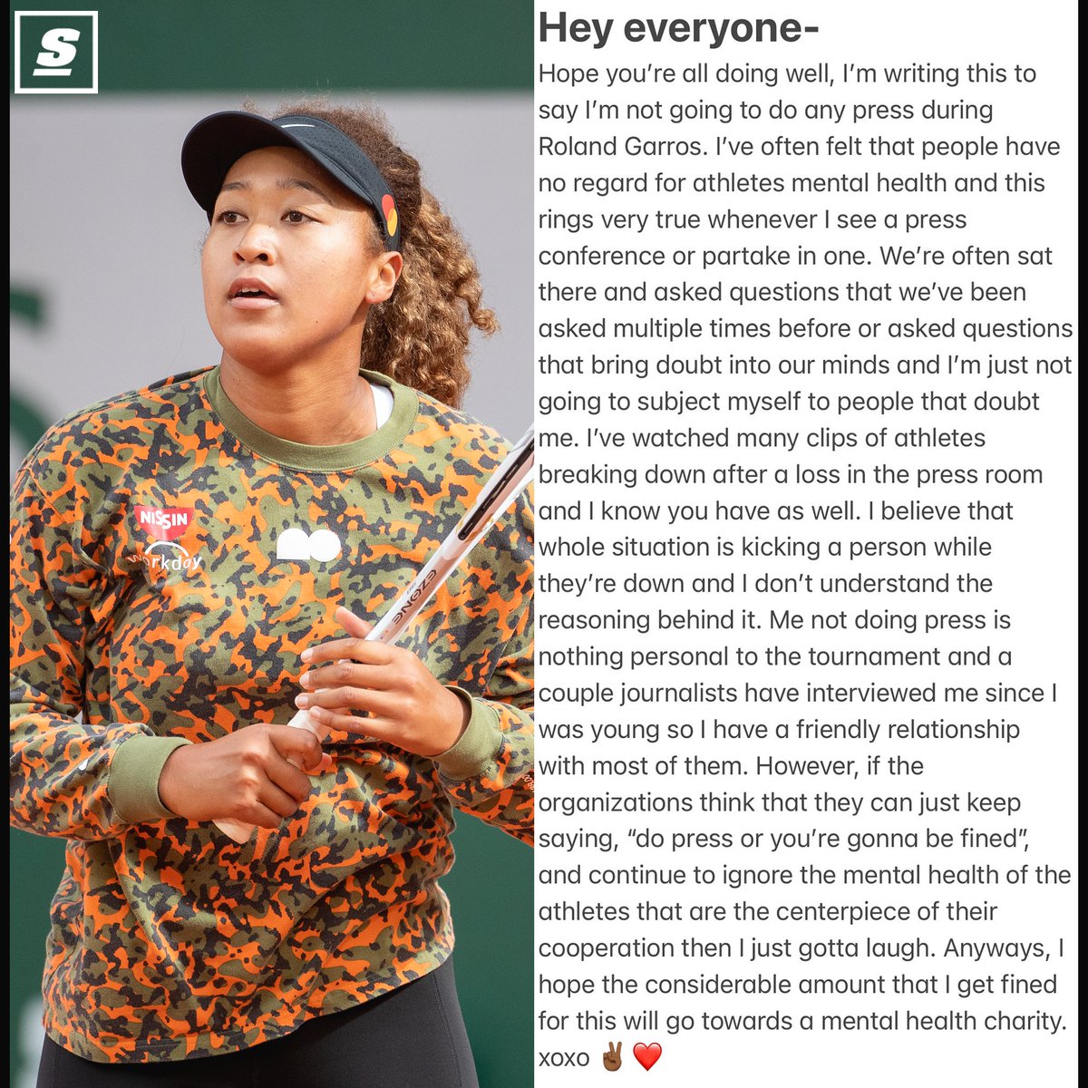 theScore's tweet photo. Naomi Osaka won't be doing any news conferences during French Open. https://t.co/hX3fozfY6V