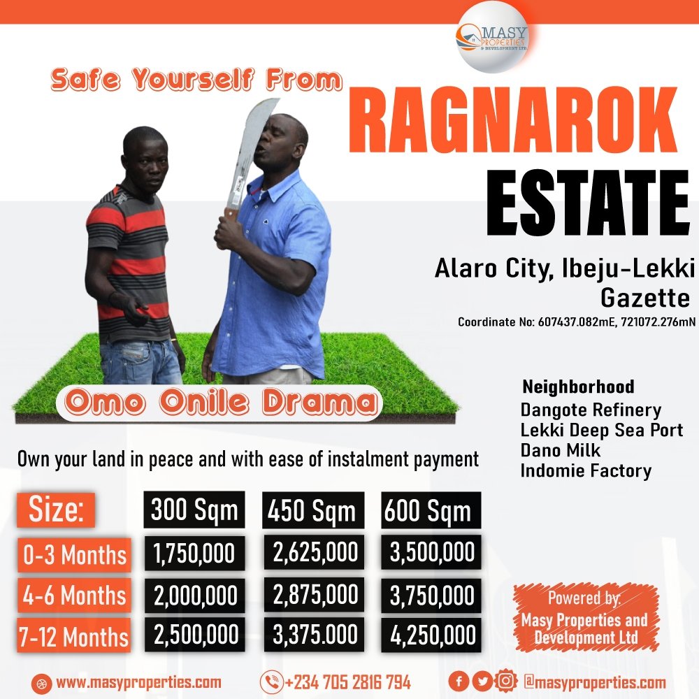 Masyproperties's tweet photo. Safe yourself from Omo-onile Drama!
Own your land in peace and with ease of payment..

Check out our flexible instalment plans @RagnarokEstate
Alaro City, Ibeju-Lekki
Coordinate No: 607437.082mE, 721072.276mN

Our Hotline: +234-705-2816-794

#lagosrealestate  #UELFinal  #N200 https://t.co/cIb2Xh7jtf