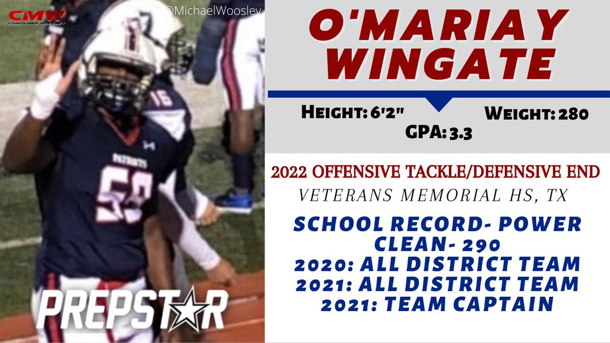 Prepstar has identified O'Mariay Wingate as a top football recruit for the class of 2022. Wingate is an Offensive Tackle/Defensive End out of  Veterans Memorial HS in TX. <a href="/Omariay1/">Omariay</a>