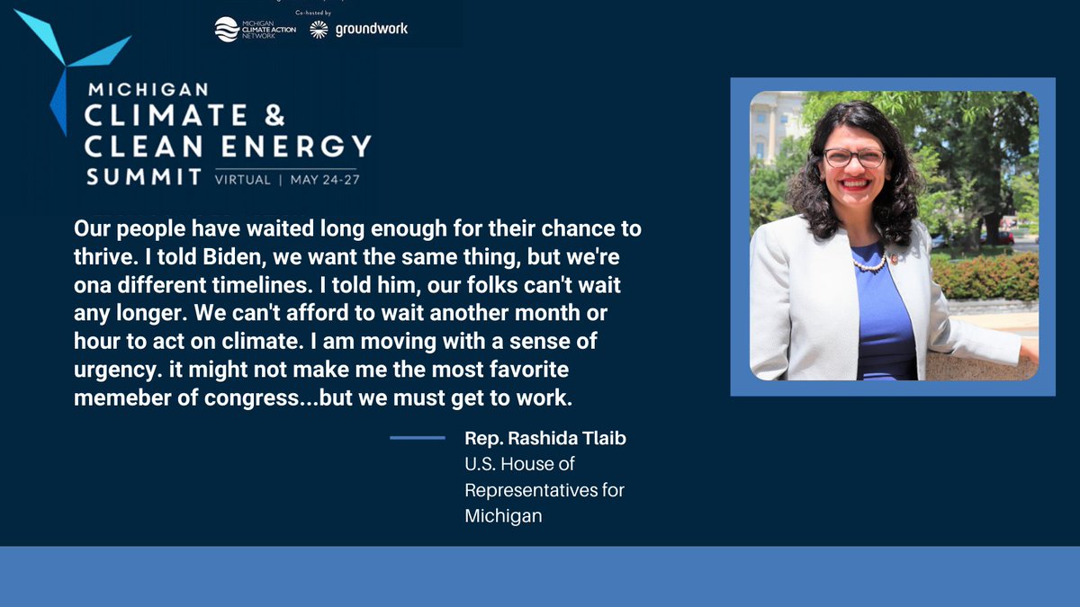 MiClimateAction's tweet photo. We finally have a White House that's listening to us, and @RashidaTlaib is holding their feet to the fire to make sure we truly seize this opportunity to take bold #climateaction.
#MCCES https://t.co/EZlNhv3u8e