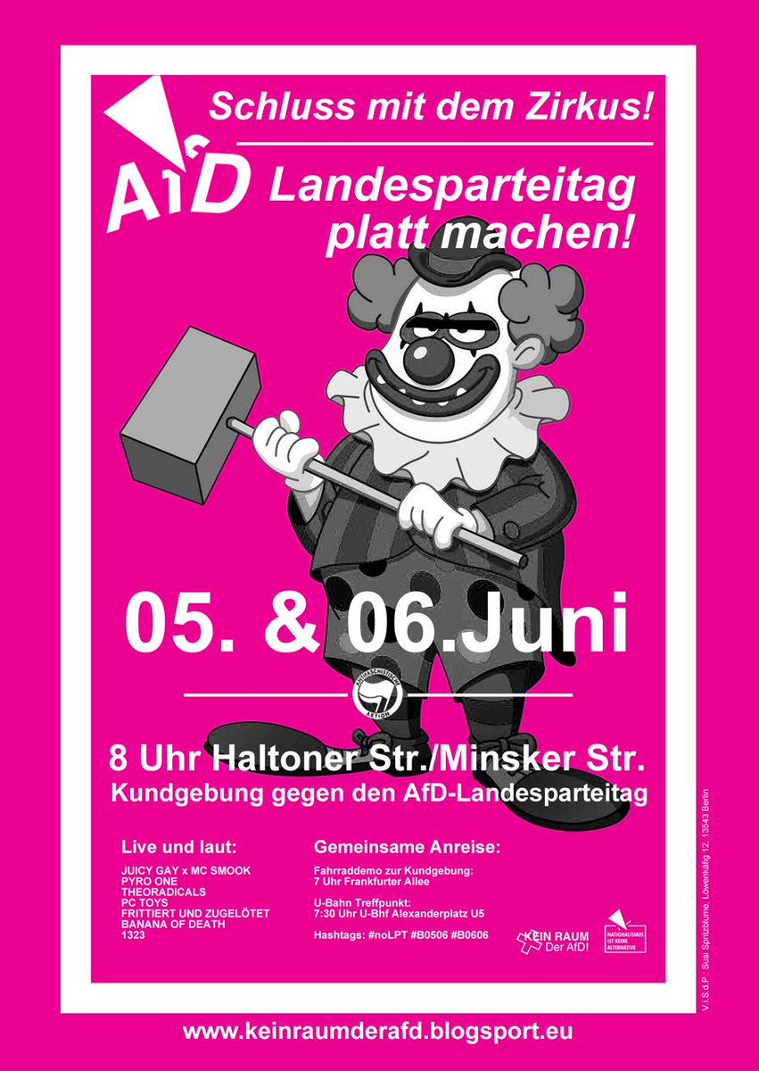 noafdberlin's tweet photo. ❌Schluss mit dem Zirkus! Den AfD-Landesparteitag am 5. und 6. Juni zum Desaster machen!

Fahrrad-Demo:
📍7 Uhr | Frankfurter Allee

U-Treffpunkt:
📍07:30 Uhr | Alexanderplatz U5

Kundgebung vor dem AfD-Zelt
📍8 Uhr | Haltoner Str. / Minsker Str.

➡️https://t.co/BRLVEmLhZS
#noLPT https://t.co/uZ1EBOROVL