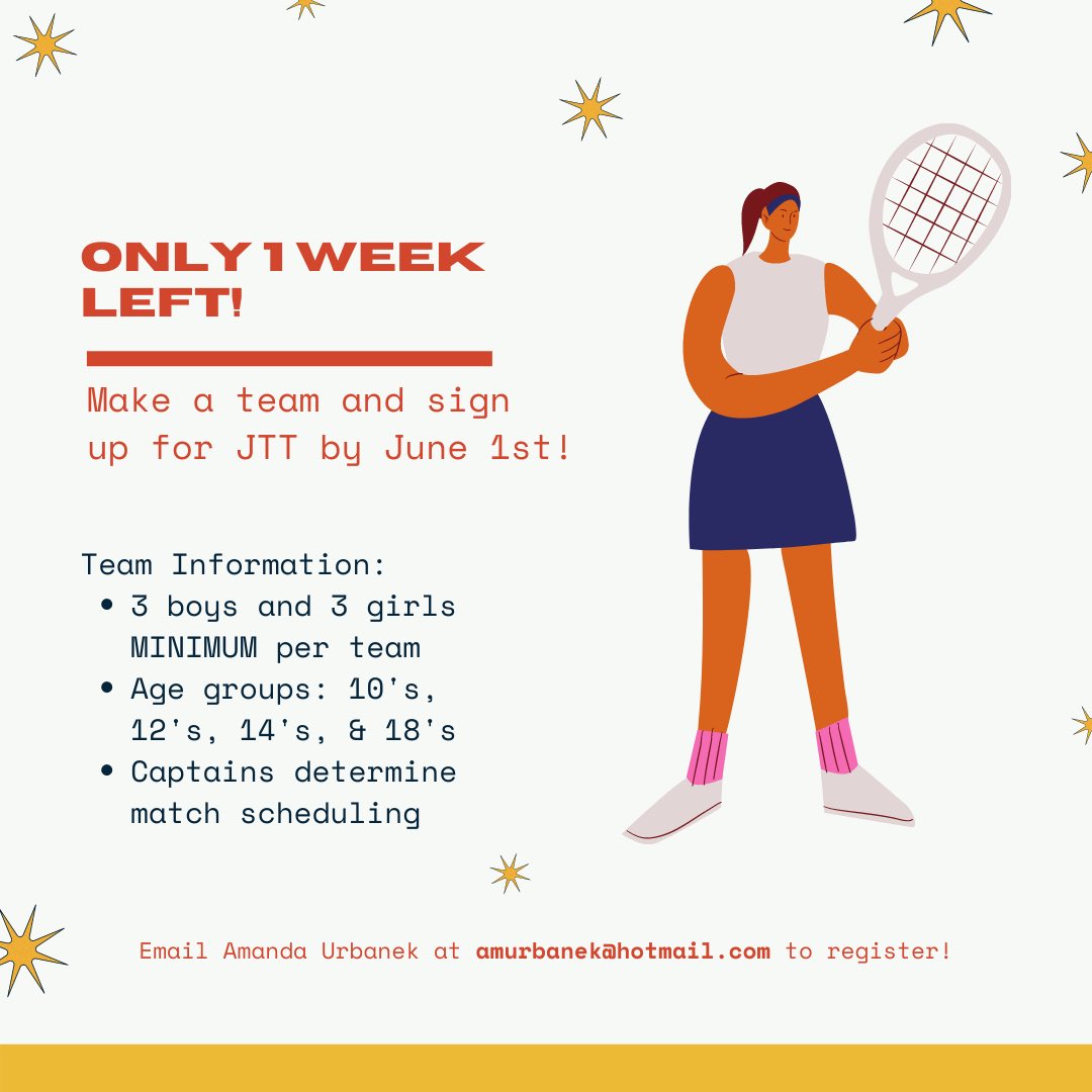 Only one week left to register a team for JTT! Email amurbanek@hotmail.com to register!😃🎾