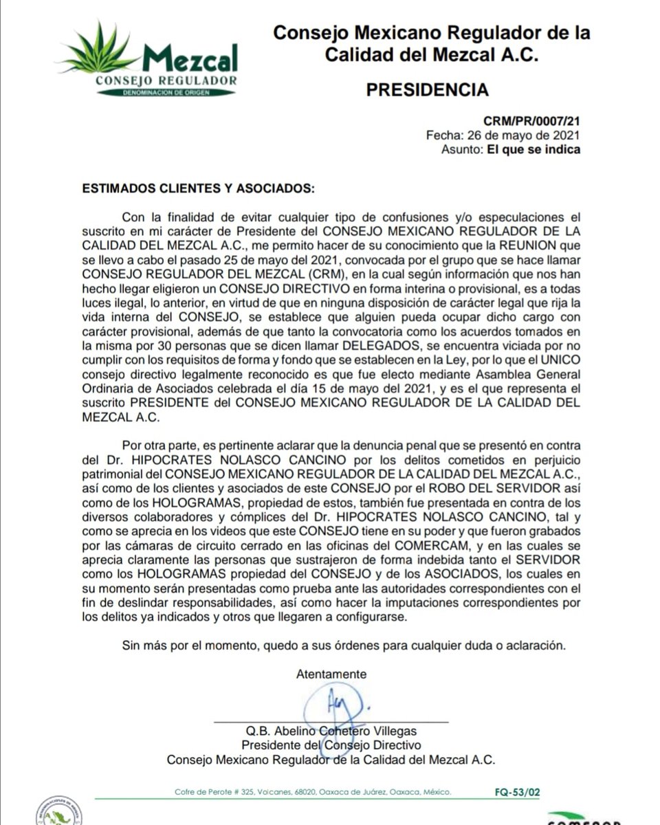 COMERCAM_AC's tweet photo. Comunicado de la Presidencia del Consejo Directivo del Consejo Mexicano Regulador de la Calidad del Mezcal A.C

#ConsejoMexicanoReguladorDeLaCalidadDelMezcalAC #ComercamAC #PresidenciaComercamAC #COMERCAM #MezcalPuntoCom https://t.co/NuSEtZxoNV