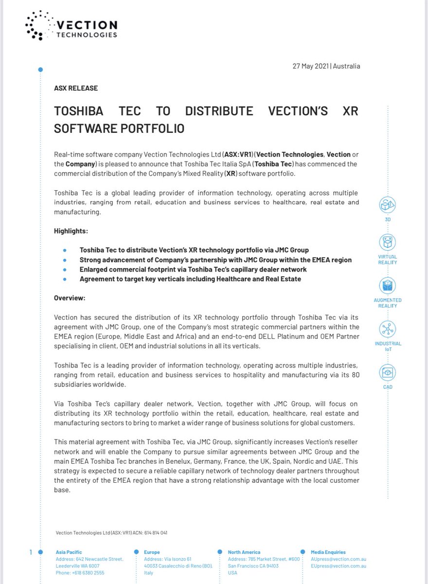jonnohowe's tweet photo. #VR1 $VR1 #vection @VectionTech @toshiba to distribute Vection XR software via JMC Group
(Disc. held) https://t.co/49cuBWK5AV