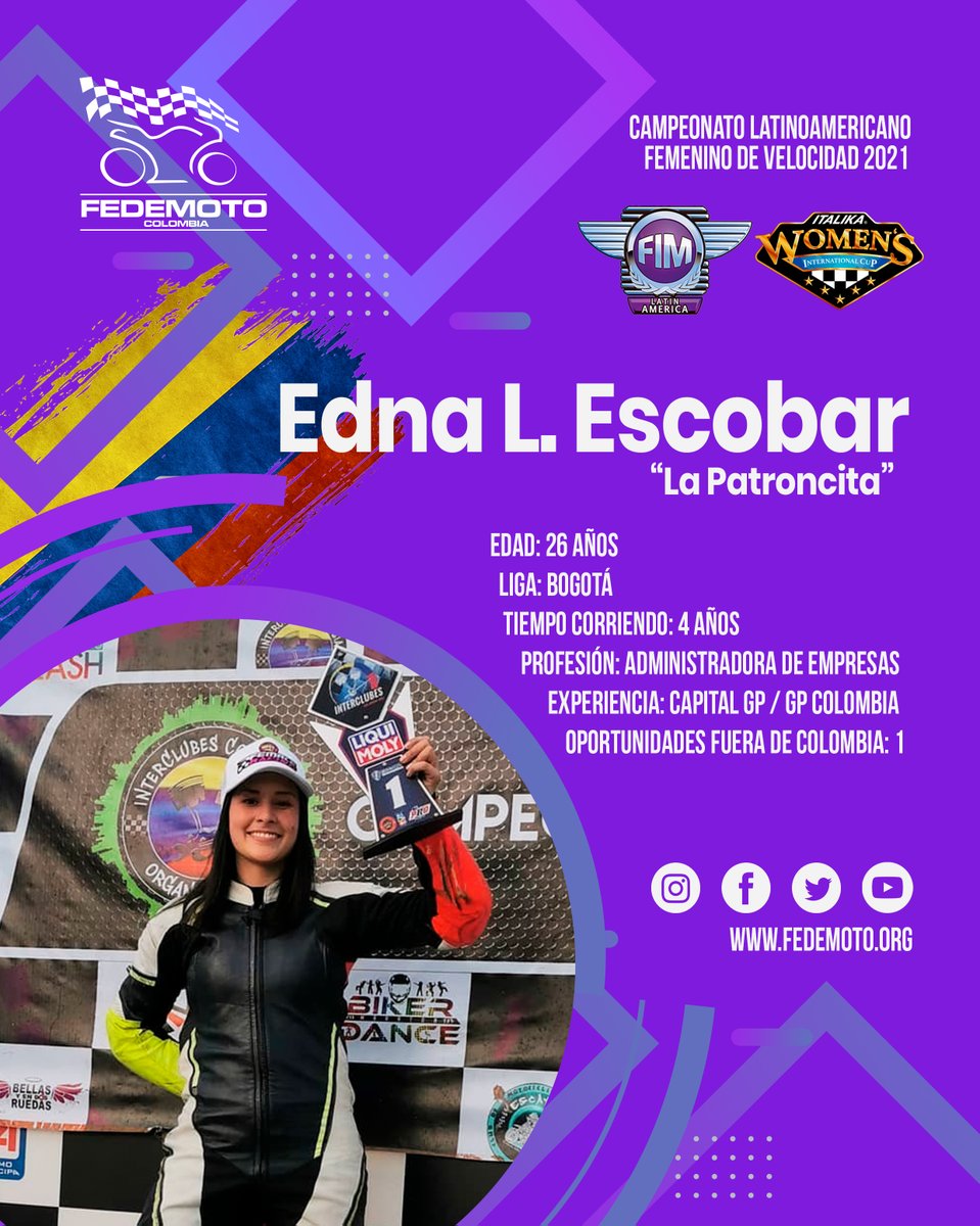 Edna Lizeth Escobar representará a nuestro país en el Campeonato Latinoamericano Femenino de Velocidad a realizarse en México del 28 al 30 de mayo, en el circuito de la ciudad de Puebla!

Seis deportistas a México.

#SoyMotociclista l #Fedemoto2021
#ColombiaTierraDeAtletas