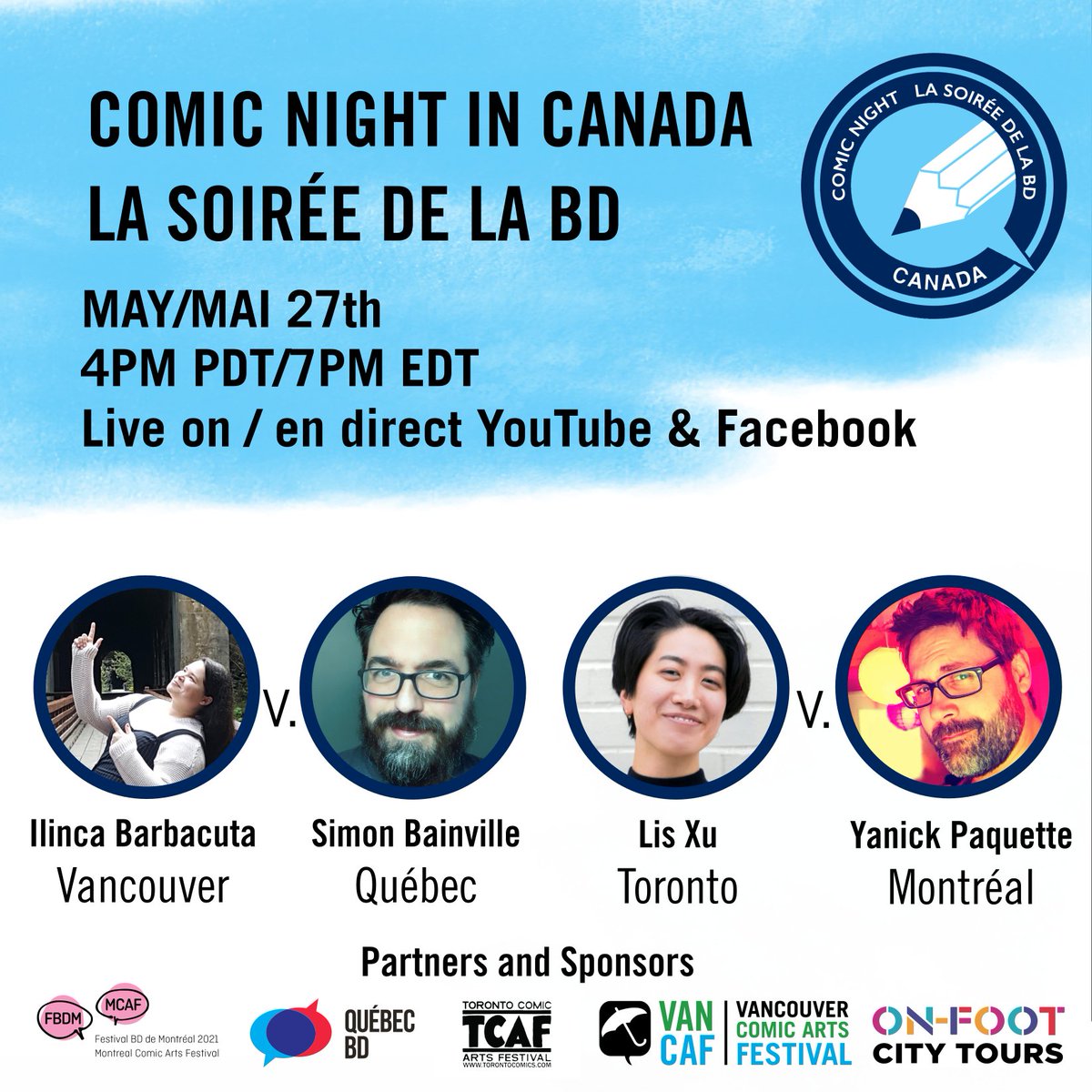 TorontoComics's tweet photo. Round 3 of the EPIC #ComicNightInCanada showdown is tomorrow night (Thursday, May 27) at 7 PM ET! Watch as @Banville00 (Québec) takes on @inkybarracuda (Vancouver) and @lissshooo (Toronto) battles @YanickPaquette (Montréal)!🥊Streaming LIVE on Facebook and YouTube! #CanCAF #TCAF https://t.co/PFNQUlhbJa