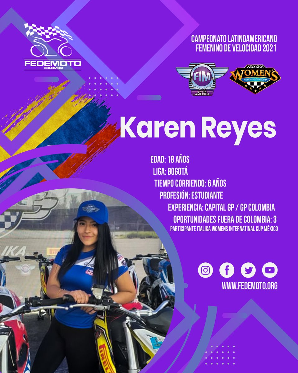 Karen Reyes representará a nuestro país en el Campeonato Latinoamericano Femenino de Velocidad a realizarse en México del 28 al 30 de mayo, en el circuito de la ciudad de Puebla!

Seis deportistas conforman la delegación.

#SoyMotociclista l #Fedemoto2021
#ColombiaTierraDeAtletas