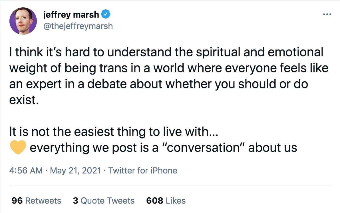 We're not debating whether you exist. We're debating whether your metaphysical beliefs about gender identity should become the basis of law and public policy, thereby erasing the political recognition of sex, and the existence of female people as a specific class in law.