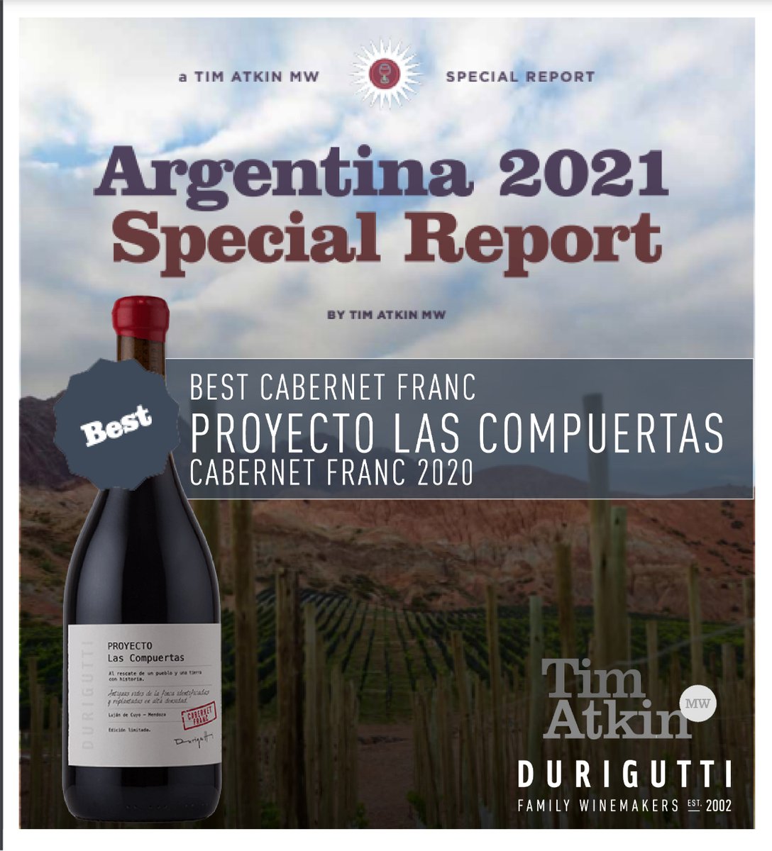 ¡Entre los 4 mejores Cabernet Franc de Argentina una de nuestras etiquetas favoritas!🍷
Orgullosos de formar parte de esta selección en manos de @timatkinmw para su nuevo reporte 2021 con nuestro vino PROYECTO LAS COMPUERTAS CABERNET FRANC 2020.
#TimAtkin #CabernetFranc