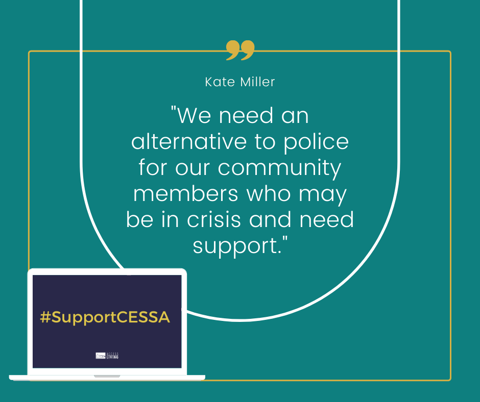 AccessLiving's tweet photo. "We need an alternative to police for our community members who may be in crisis and need support." #SupportCESSA NOW. 
#CareNotCops #TreatmentNotTrauma #HarmReduction 
https://t.co/99fFJ5YoLp https://t.co/GokI2syMDz