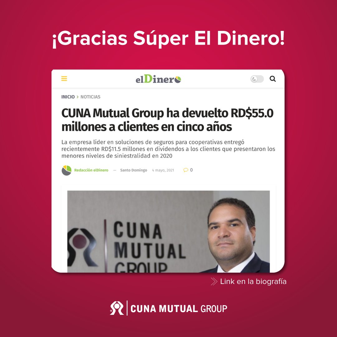“Nuestra estrategia centrada en las personas fue también nuestra mejor estrategia comercial” Rubén Bonilla, Gerente General CUNA Mutual Group.

Gracias <a href="/elDineroDO/">Periódico elDinero</a> por compartir nuestros logros en este nuevo cierre de año. #CUNAMutualGroup #ContigoSiempre☔