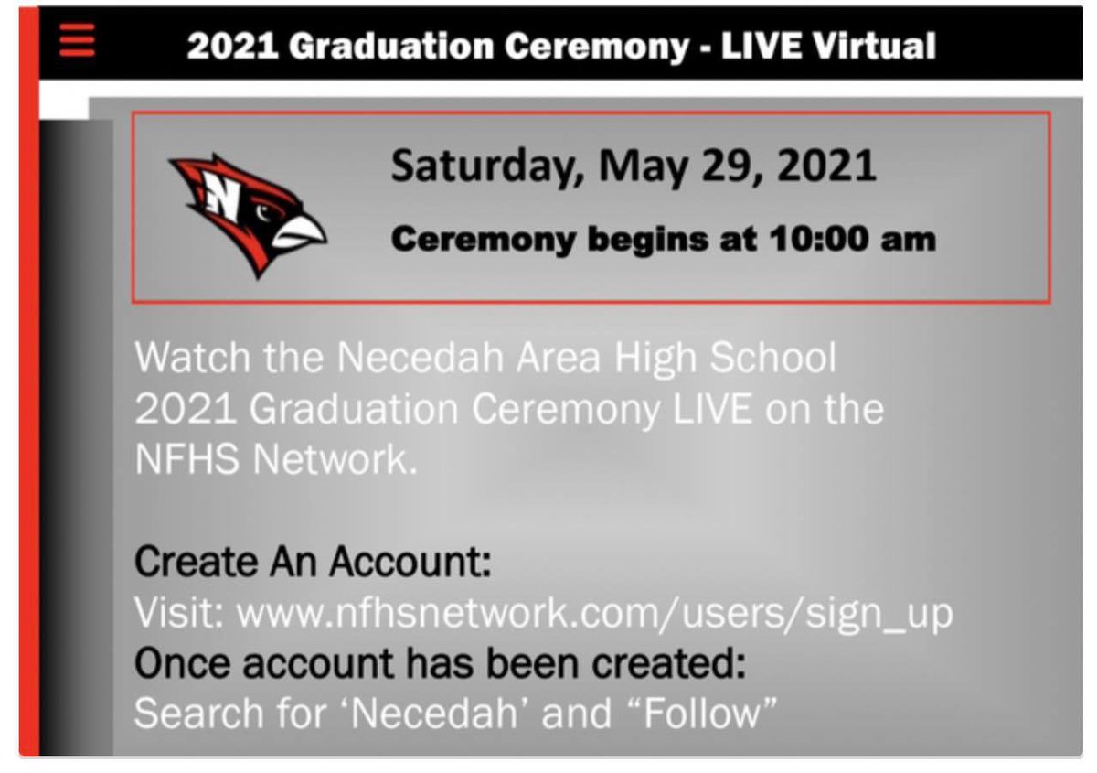 necedahcardinal's tweet photo. Our Class of 2021 celebrates their graduation from NHS on Saturday, May 29th at 10 am. Attendance is limited to 6 guests for each graduate.  

However, our graduation ceremony can be viewed through our LiveStream Link through NFHS! #NecedahPride https://t.co/j5629qtY1E